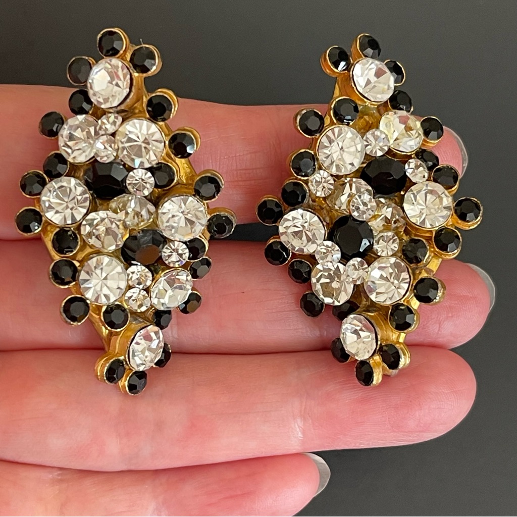 Vintage Made In Usa Black & Clear Rhinestone Clip On Earrings